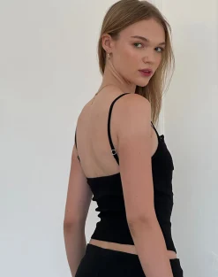 Motel Rocks Basic Tops | Strappy Tops-Nalanie Chiffon Frill Cami Top in Black
