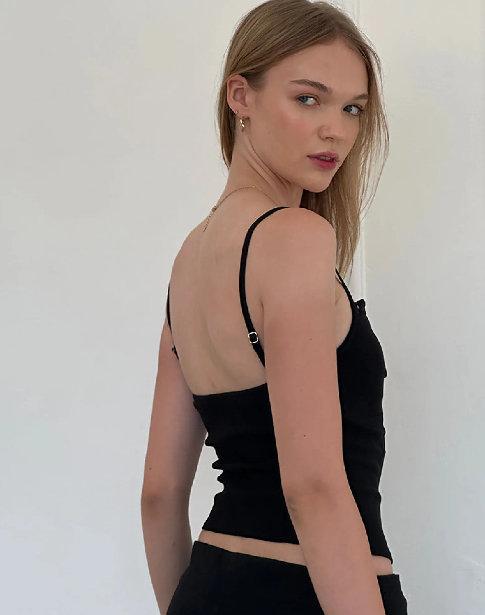 Motel Rocks Basic Tops | Strappy Tops-Nalanie Chiffon Frill Cami Top in Black