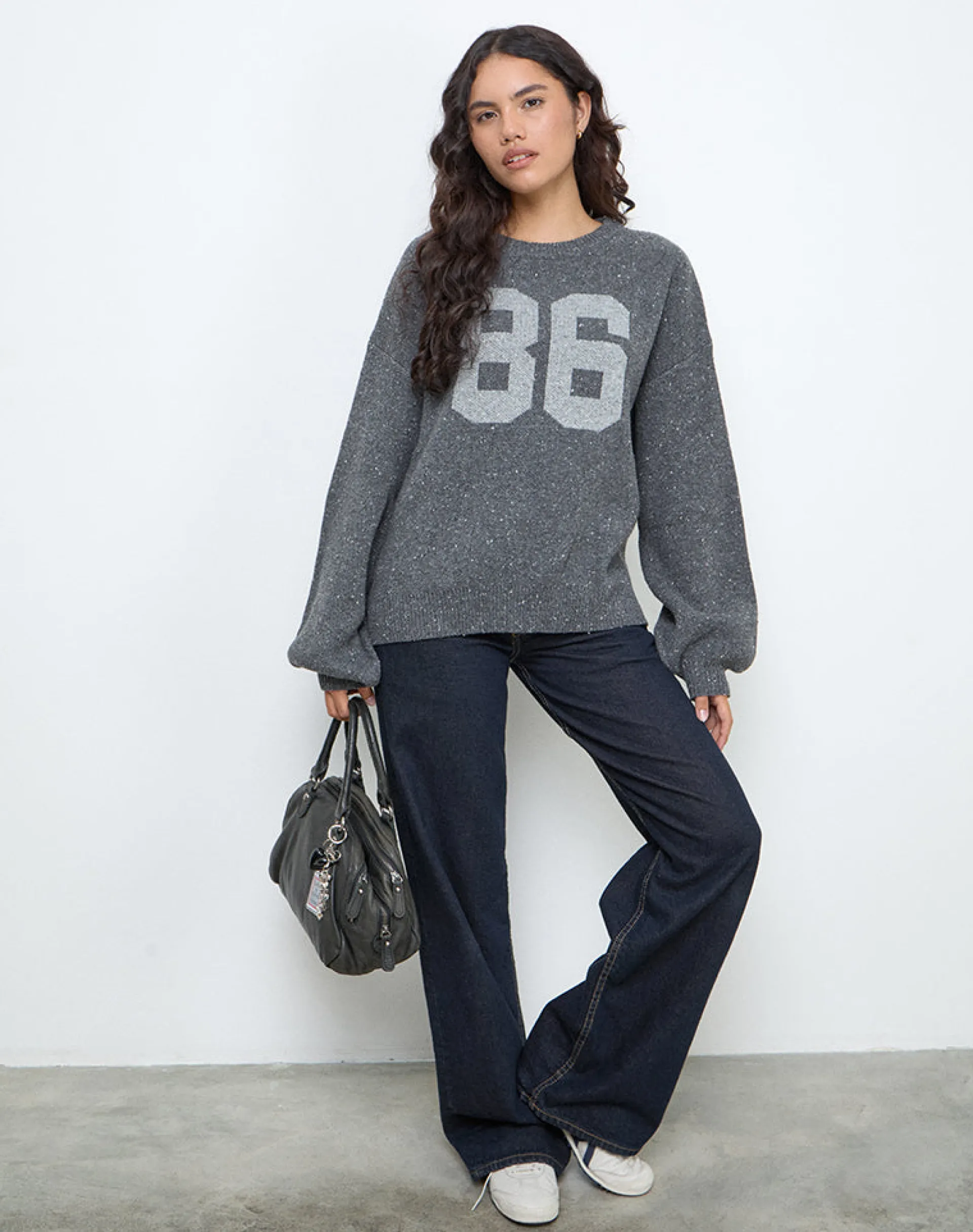 Motel Rocks Jumpers-Namari Jumper in Grey Knit with 86 Motif GreyKnitwith86Motif