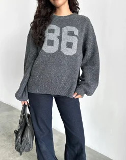 Motel Rocks Jumpers-Namari Jumper in Grey Knit with 86 Motif GreyKnitwith86Motif