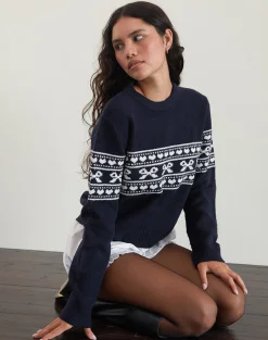 Motel Rocks Jumpers-Namirta Knitted Jumper in Peacoat with Fairisle Bow