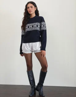 Motel Rocks Jumpers-Namirta Knitted Jumper in Peacoat with Fairisle Bow