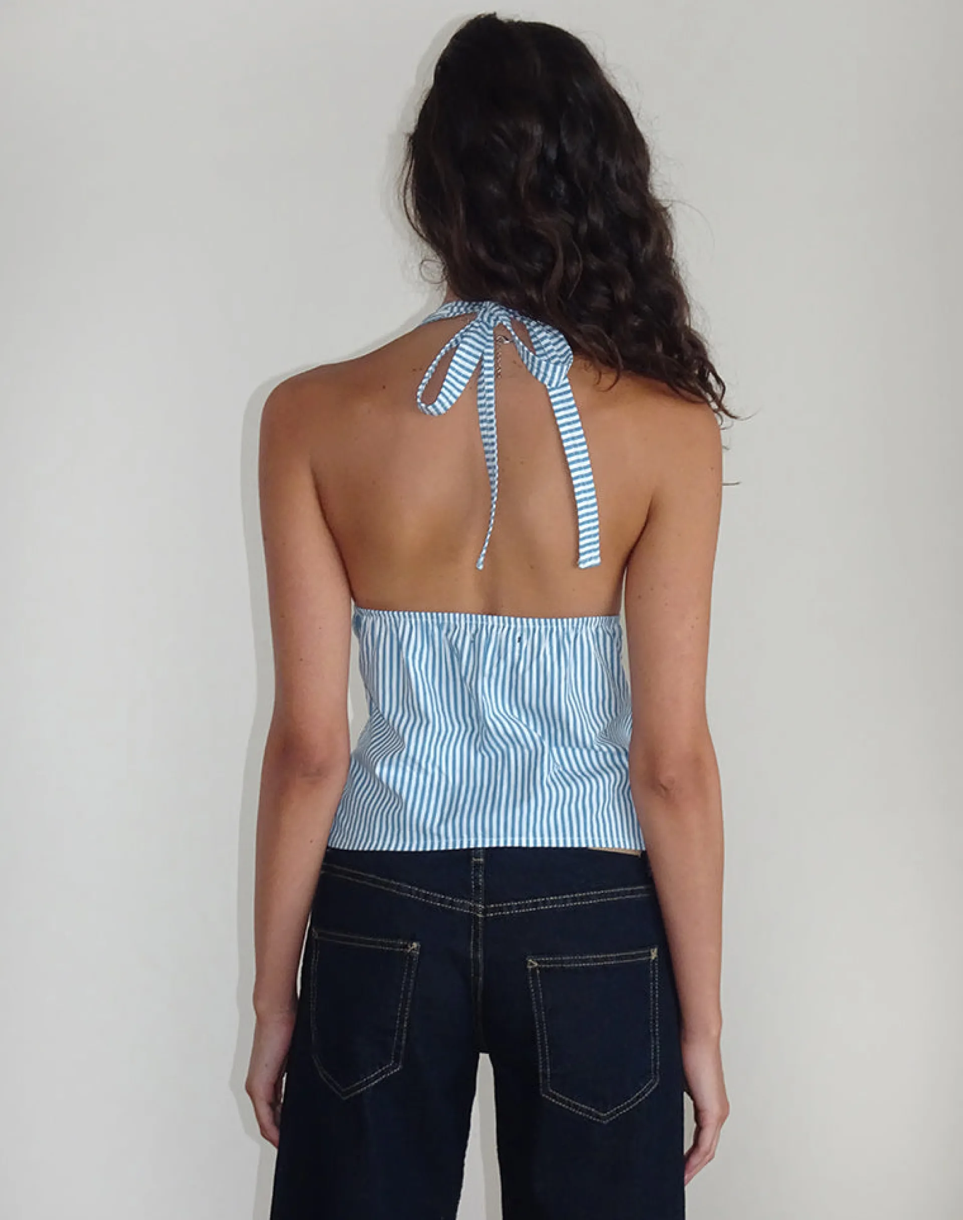 Motel Rocks Halterneck Tops | Going Out Tops-Nandu Top in Poplin Blue Small Vertical Stripe PoplinBlueSmallVerticalStripe