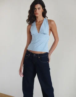 Motel Rocks Halterneck Tops | Going Out Tops-Nandu Top in Poplin Blue Small Vertical Stripe PoplinBlueSmallVerticalStripe