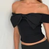 Motel Rocks Crop Tops | Going Out Tops-Naras Bow Front Bardot Top in Black Tailoring