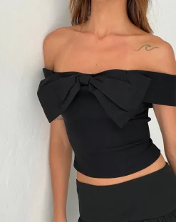Motel Rocks Crop Tops | Going Out Tops-Naras Bow Front Bardot Top in Black Tailoring