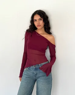 Motel Rocks Long Sleeve Tops-Narcissa Asymmetric Long Sleeve Top in Maroon