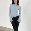 Motel Rocks Long Sleeve Tops | Going Out Tops-Narcissa Asymmetric Long Sleeve Top in Mesh Light Blue MeshLightBlue