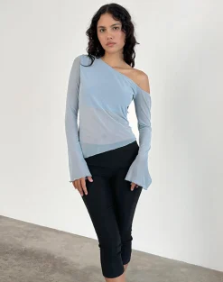 Motel Rocks Long Sleeve Tops | Going Out Tops-Narcissa Asymmetric Long Sleeve Top in Mesh Light Blue MeshLightBlue