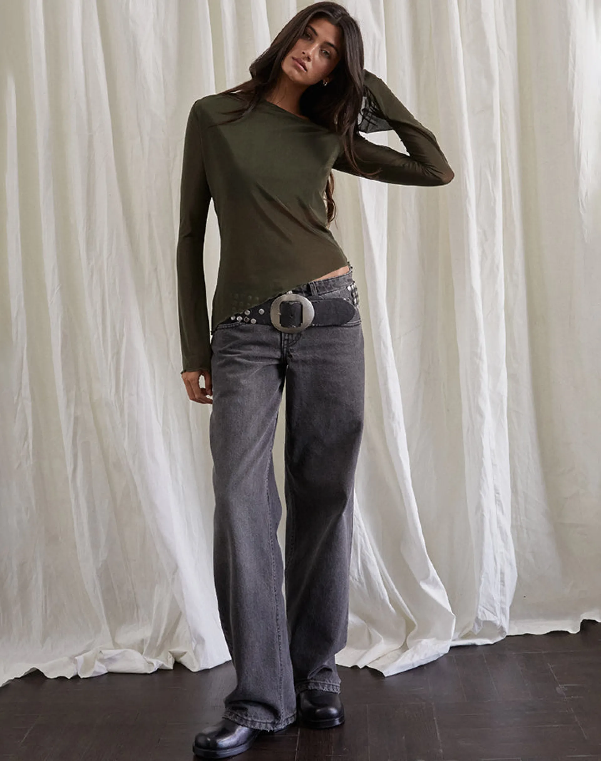Motel Rocks Bandeau Tops | Long Sleeve Tops-Narcissa Asymmetric Long Sleeve Top in Mesh Dark Olive MeshDarkOlive