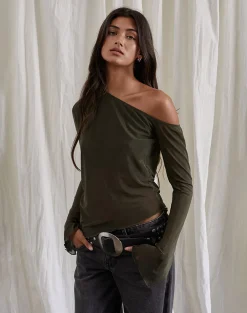 Motel Rocks Bandeau Tops | Long Sleeve Tops-Narcissa Asymmetric Long Sleeve Top in Mesh Dark Olive MeshDarkOlive
