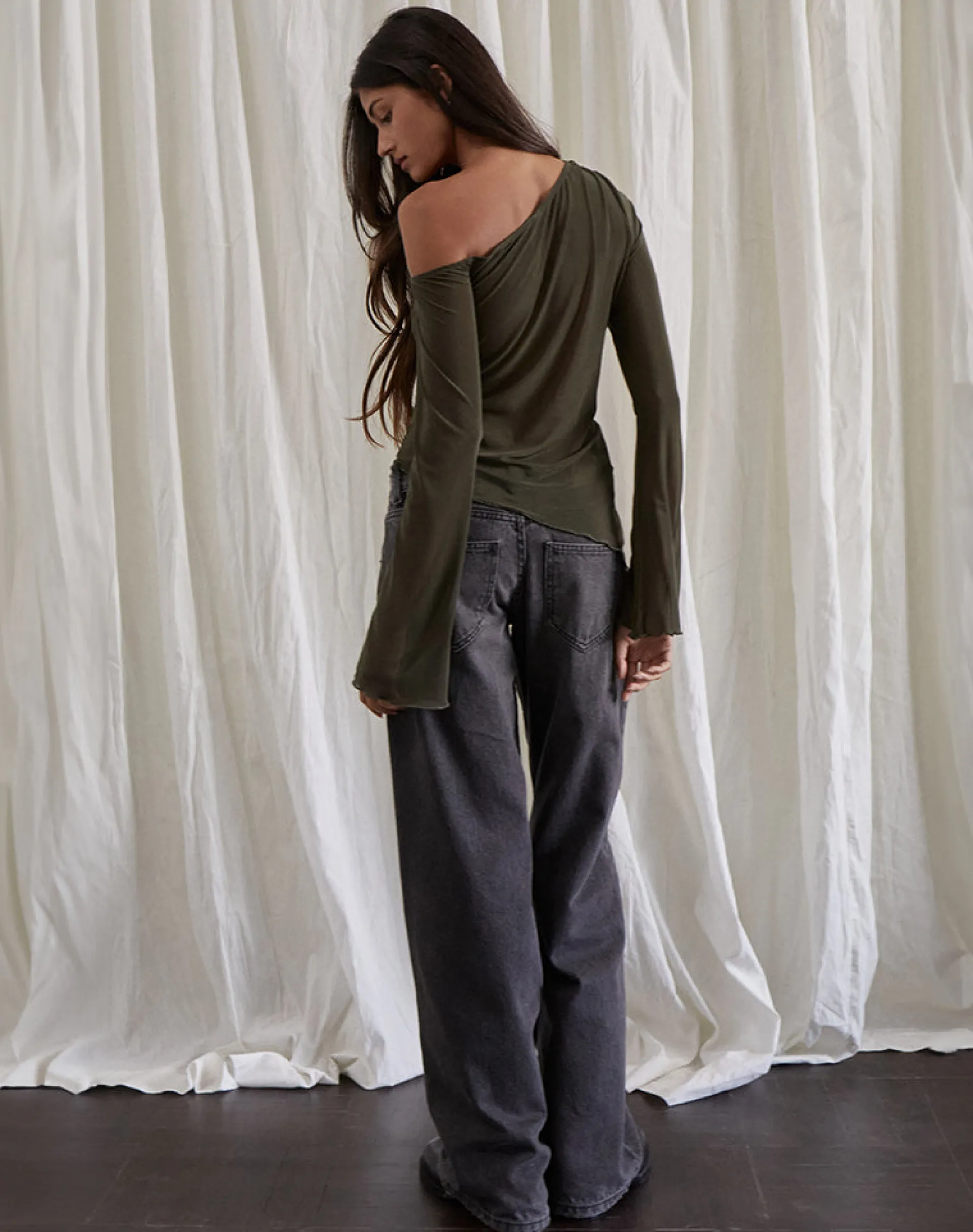 Motel Rocks Bandeau Tops | Long Sleeve Tops-Narcissa Asymmetric Long Sleeve Top in Mesh Dark Olive MeshDarkOlive