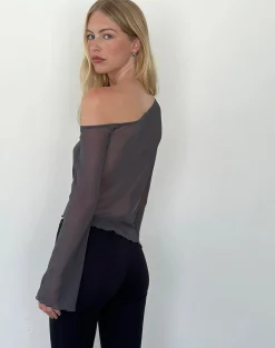 Motel Rocks Long Sleeve Tops-Narcissa Asymmetric Long Sleeve Top in Ocean Storm OceanStorm