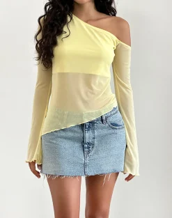 Motel Rocks Long Sleeve Tops | Going Out Tops-Narcissa Asymmetric Top in Mesh Lemon MeshLemon