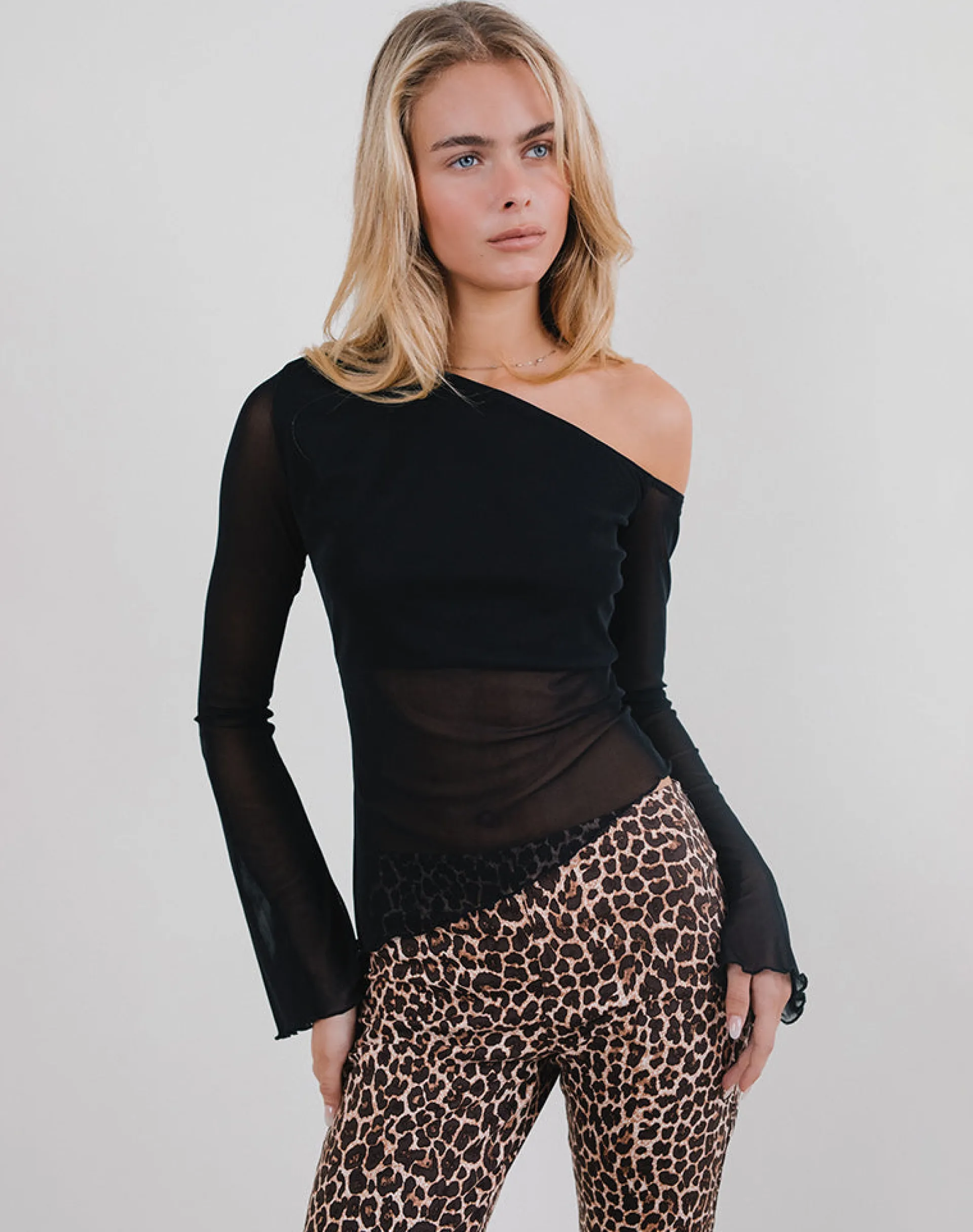 Motel Rocks Long Sleeve Tops | Going Out Tops-Narcissa Asymmetric Top in Mesh Black MeshBlack