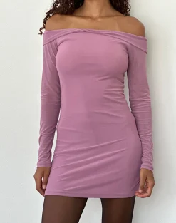 Motel Rocks Bodycon Dresses | Day Dresses-Narima Long Sleeve Bardot Mini Dress in Wisteria Purple