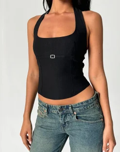 Motel Rocks Tailoring-Nasya Halter Top in Tailoring Black TailoringBlack