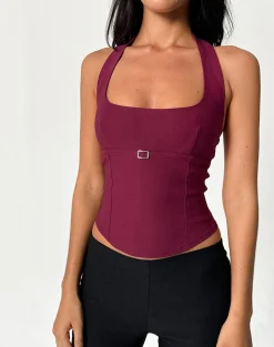 Motel Rocks Halterneck Tops-Nasya Halter Top in Tailoring Burgundy TailoringBurgundy