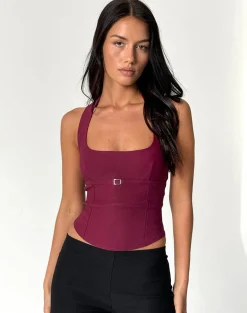 Motel Rocks Halterneck Tops-Nasya Halter Top in Tailoring Burgundy TailoringBurgundy