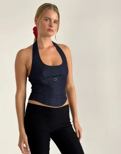 Motel Rocks Halterneck Tops-Nasya Halterneck Top in Chambray Indigo ChambrayIndigo