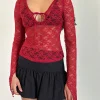 Motel Rocks Long Sleeve Tops | Lace Tops-Natasha Tie Front Top in Mari Lace Red