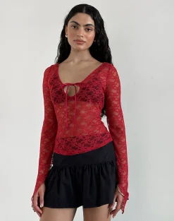 Motel Rocks Long Sleeve Tops | Lace Tops-Natasha Tie Front Top in Mari Lace Red
