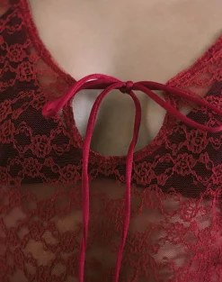Motel Rocks Long Sleeve Tops | Lace Tops-Natasha Tie Front Top in Mari Lace Red
