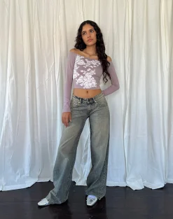 Motel Rocks Printed Tops | Long Sleeve Tops-Nauby Long Sleeve Bardot Top in Light Mauve Floral Lace