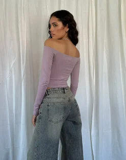 Motel Rocks Printed Tops | Long Sleeve Tops-Nauby Long Sleeve Bardot Top in Light Mauve Floral Lace