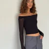 Motel Rocks Long Sleeve Tops-Nauri Long Sleeve Bardot Top in Mesh Black MeshBlack