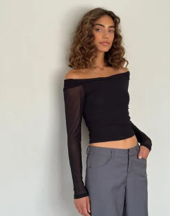 Motel Rocks Long Sleeve Tops-Nauri Long Sleeve Bardot Top in Mesh Black MeshBlack