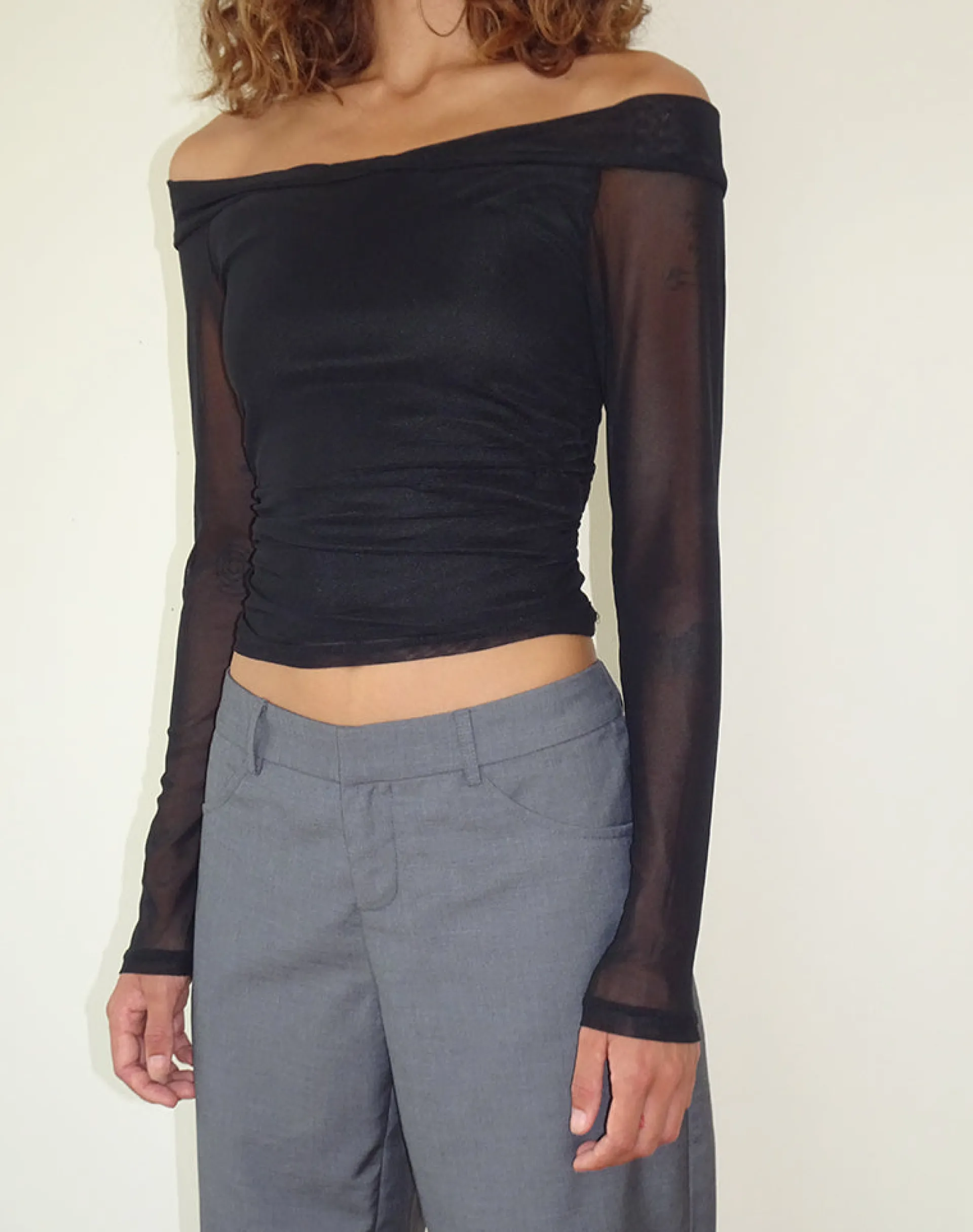 Motel Rocks Long Sleeve Tops-Nauri Long Sleeve Bardot Top in Mesh Black MeshBlack