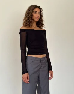 Motel Rocks Long Sleeve Tops-Nauri Long Sleeve Bardot Top in Mesh Black MeshBlack