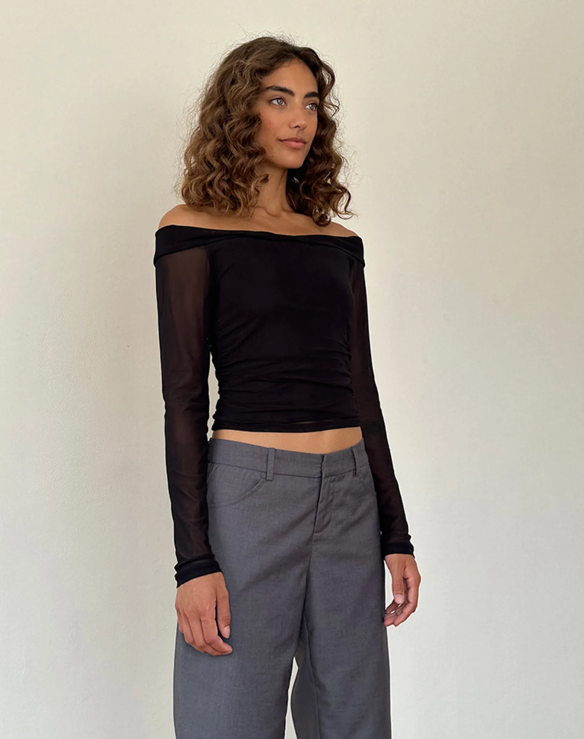 Motel Rocks Long Sleeve Tops-Nauri Long Sleeve Bardot Top in Mesh Black MeshBlack