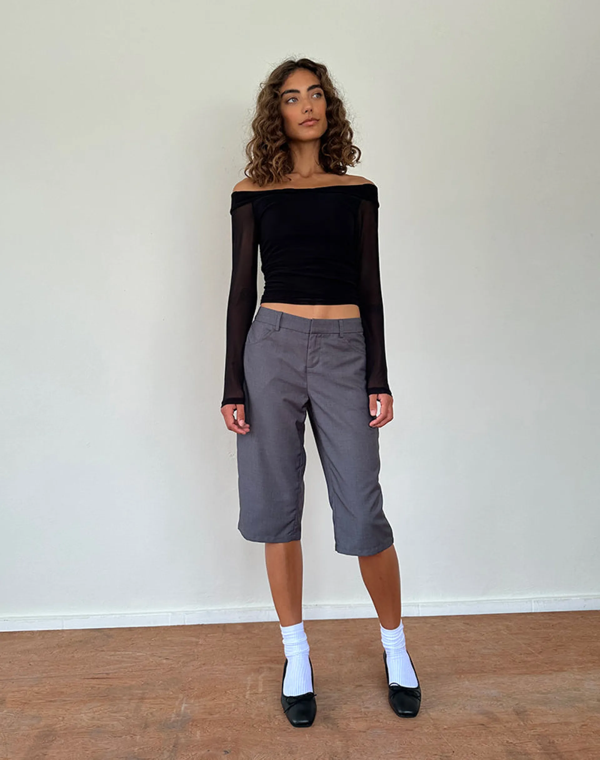 Motel Rocks Long Sleeve Tops-Nauri Long Sleeve Bardot Top in Mesh Black MeshBlack