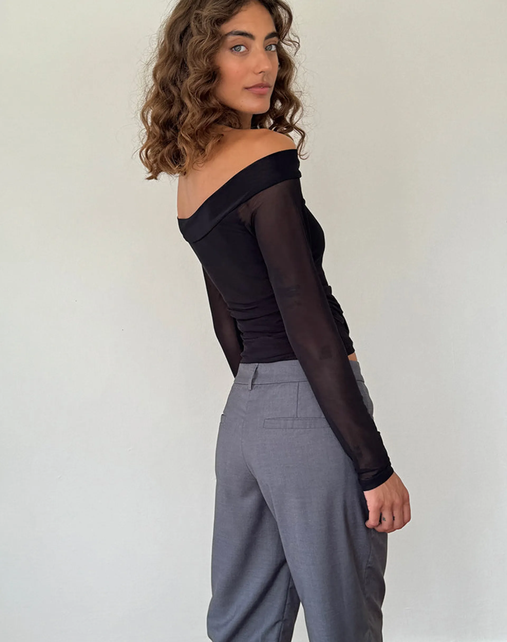 Motel Rocks Long Sleeve Tops-Nauri Long Sleeve Bardot Top in Mesh Black MeshBlack