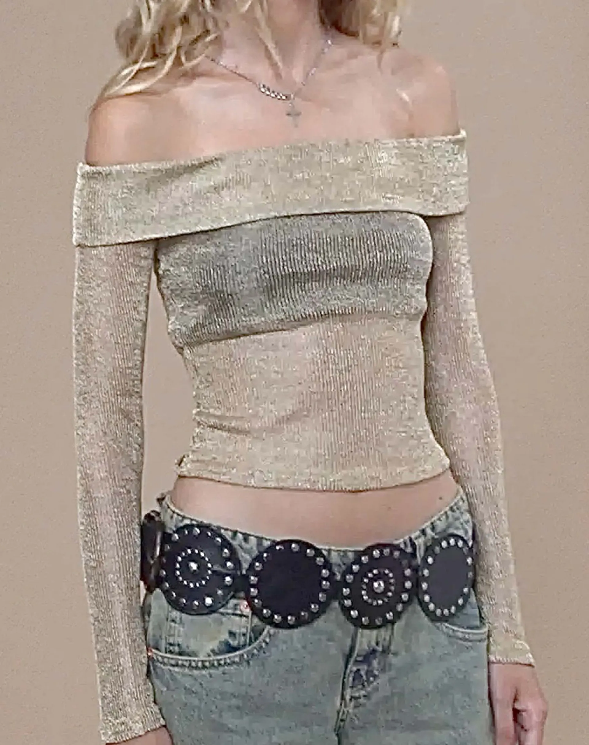 Motel Rocks Long Sleeve Tops-Naysila Bardot Top in Gold Chain GoldChainNaysila