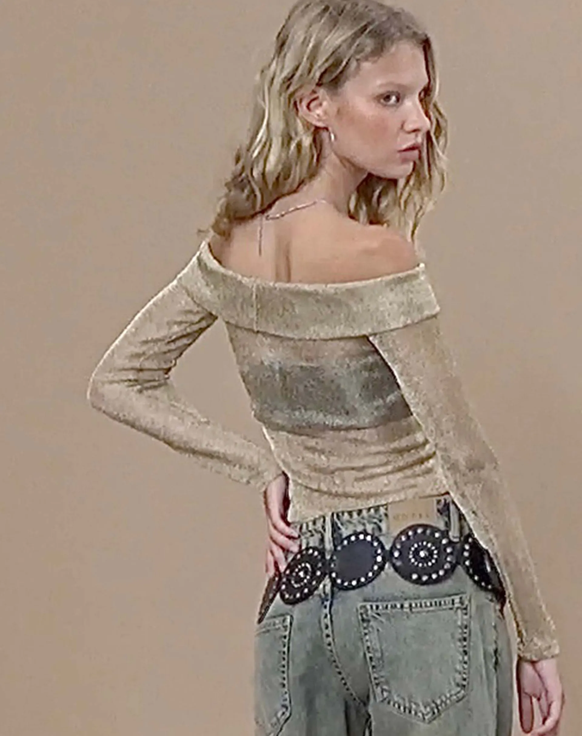 Motel Rocks Long Sleeve Tops-Naysila Bardot Top in Gold Chain GoldChainNaysila