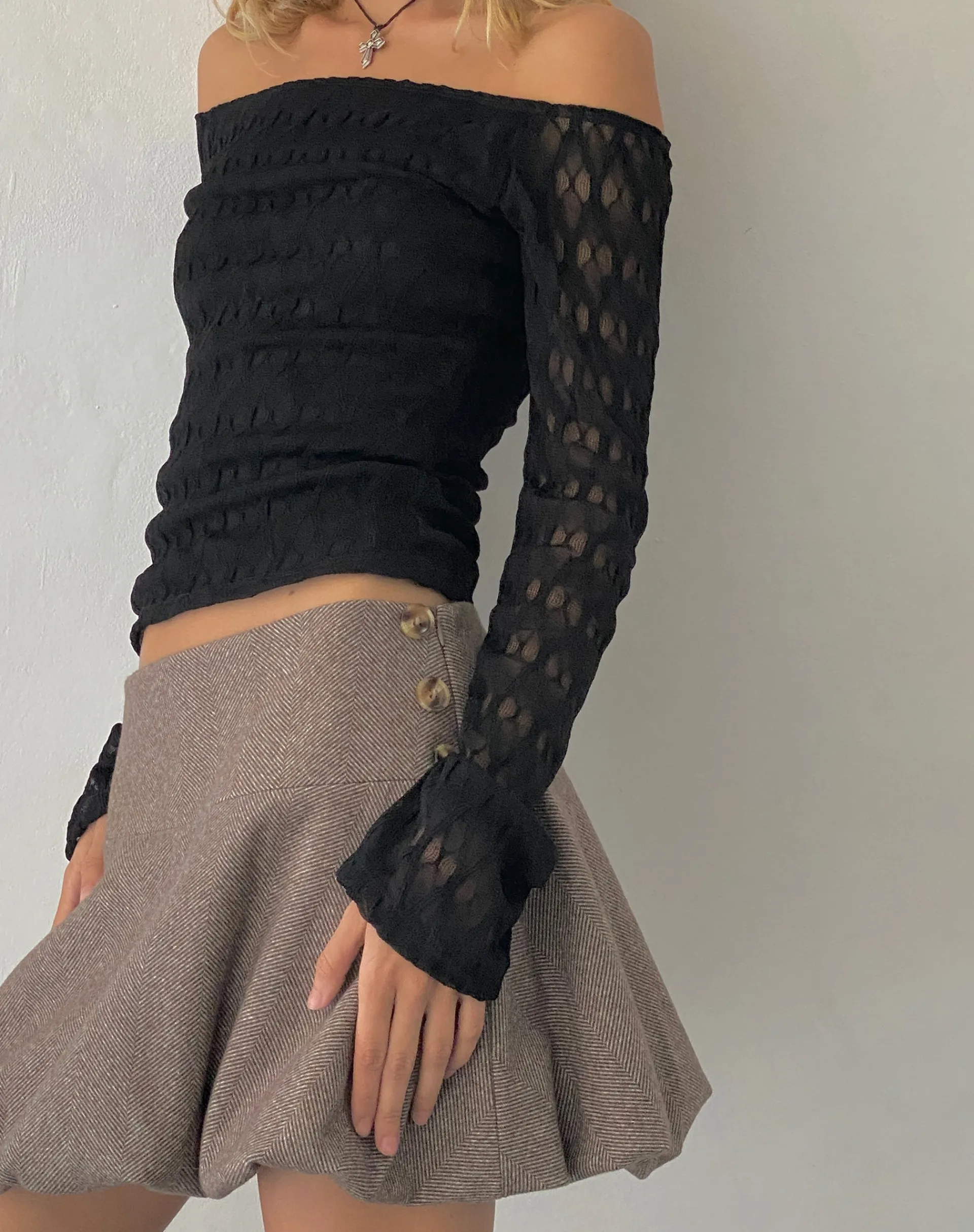 Motel Rocks Long Sleeve Tops-Neira Long Sleeve Bardot Top in Textured Knit Black TexturedKnitBlack