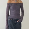 Motel Rocks Bandeau Tops | Long Sleeve Tops-Neira Long Sleeve Bardot Top in Textured Knit Ocean Storm TexturedKnitOceanStorm