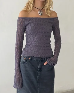 Motel Rocks Bandeau Tops | Long Sleeve Tops-Neira Long Sleeve Bardot Top in Textured Knit Ocean Storm TexturedKnitOceanStorm