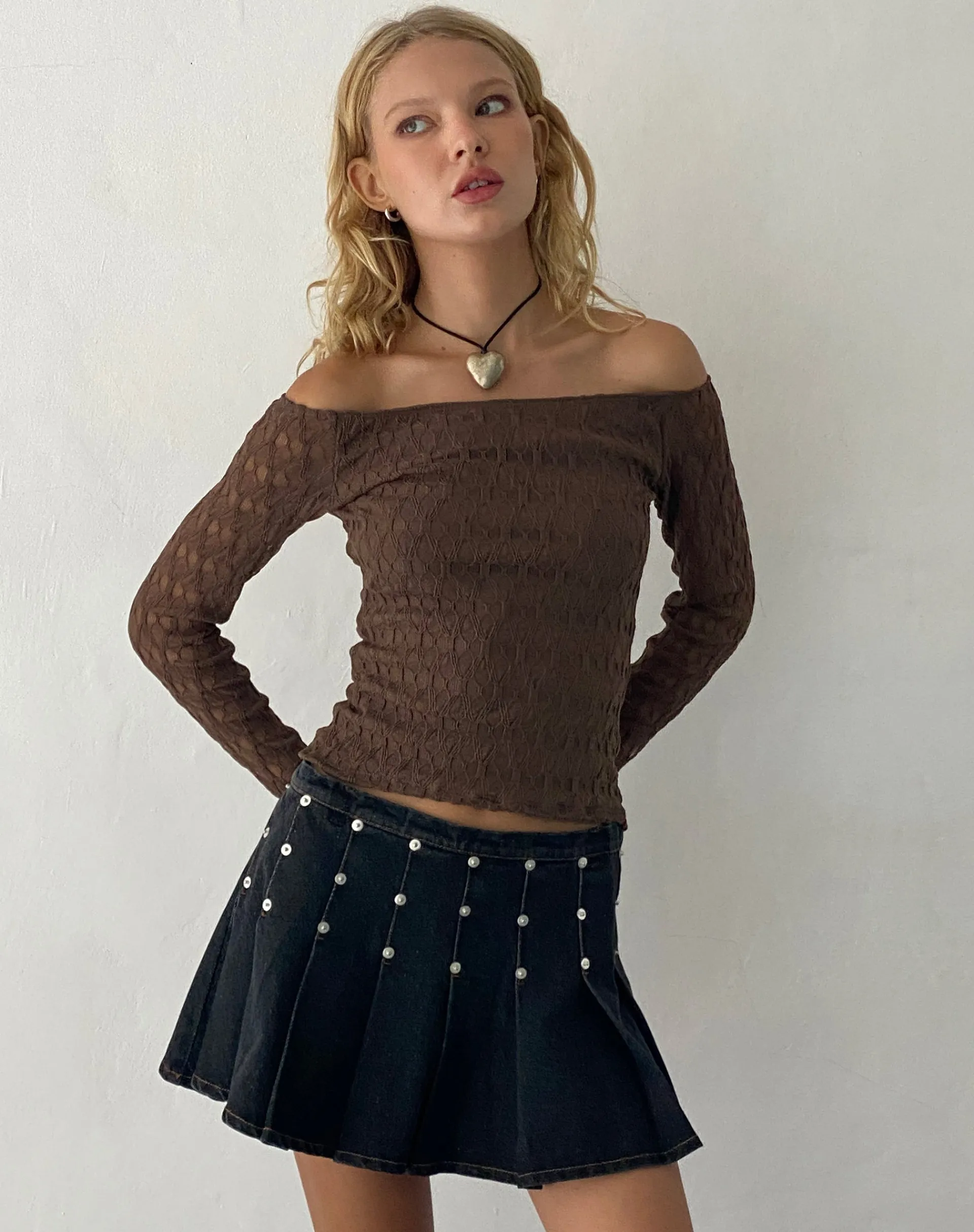 Motel Rocks Long Sleeve Tops-Neira Long Sleeve Bardot Top in Textured Knit Mocha TexturedKnitMocha