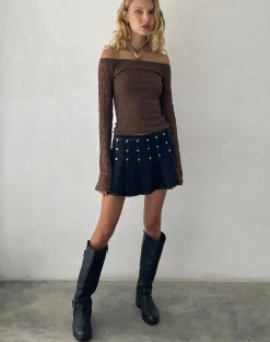 Motel Rocks Long Sleeve Tops-Neira Long Sleeve Bardot Top in Textured Knit Mocha TexturedKnitMocha