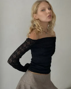 Motel Rocks Long Sleeve Tops-Neira Long Sleeve Bardot Top in Textured Knit Black TexturedKnitBlack