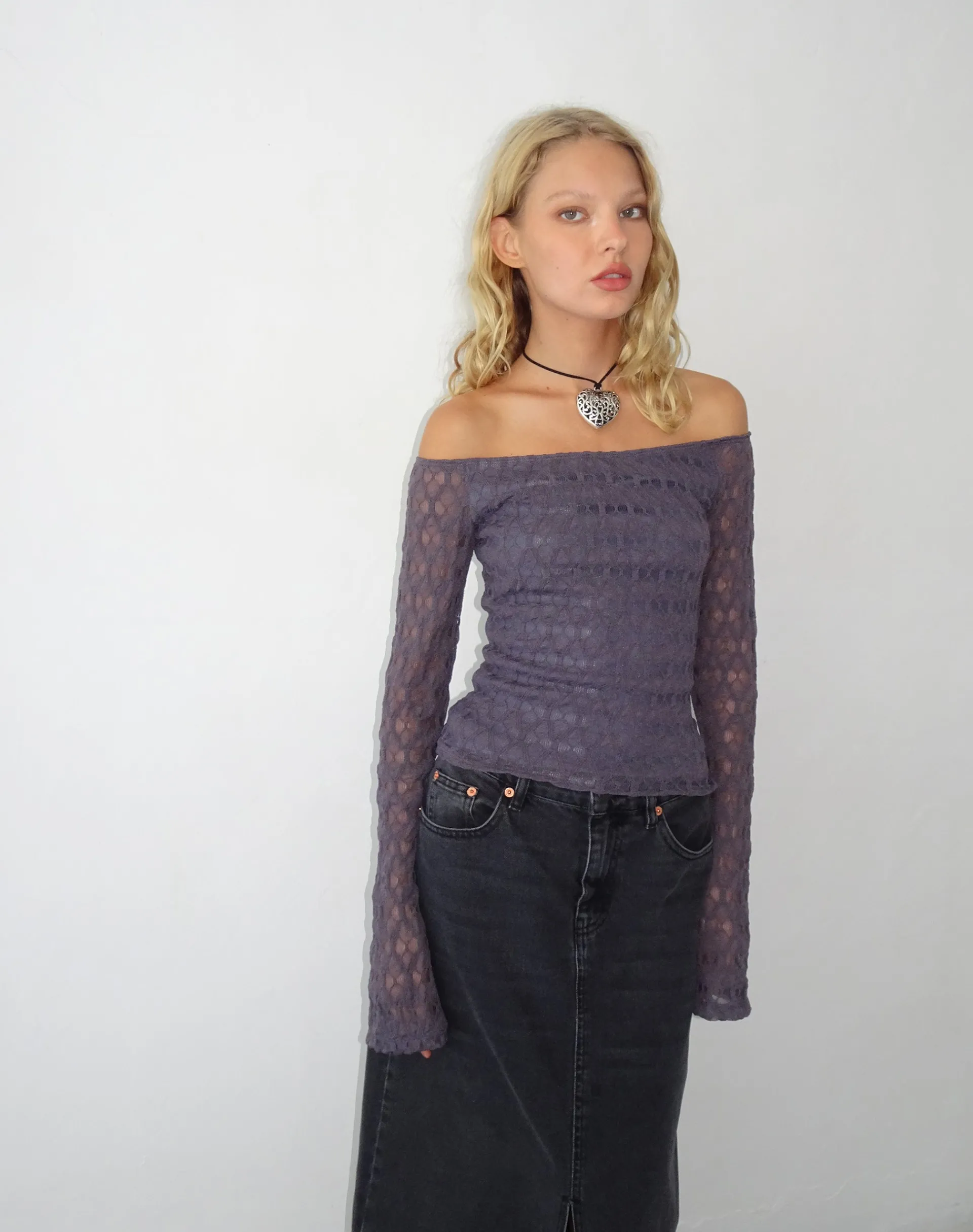 Motel Rocks Bandeau Tops | Long Sleeve Tops-Neira Long Sleeve Bardot Top in Textured Knit Ocean Storm TexturedKnitOceanStorm