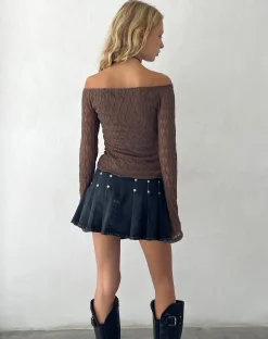 Motel Rocks Long Sleeve Tops-Neira Long Sleeve Bardot Top in Textured Knit Mocha TexturedKnitMocha