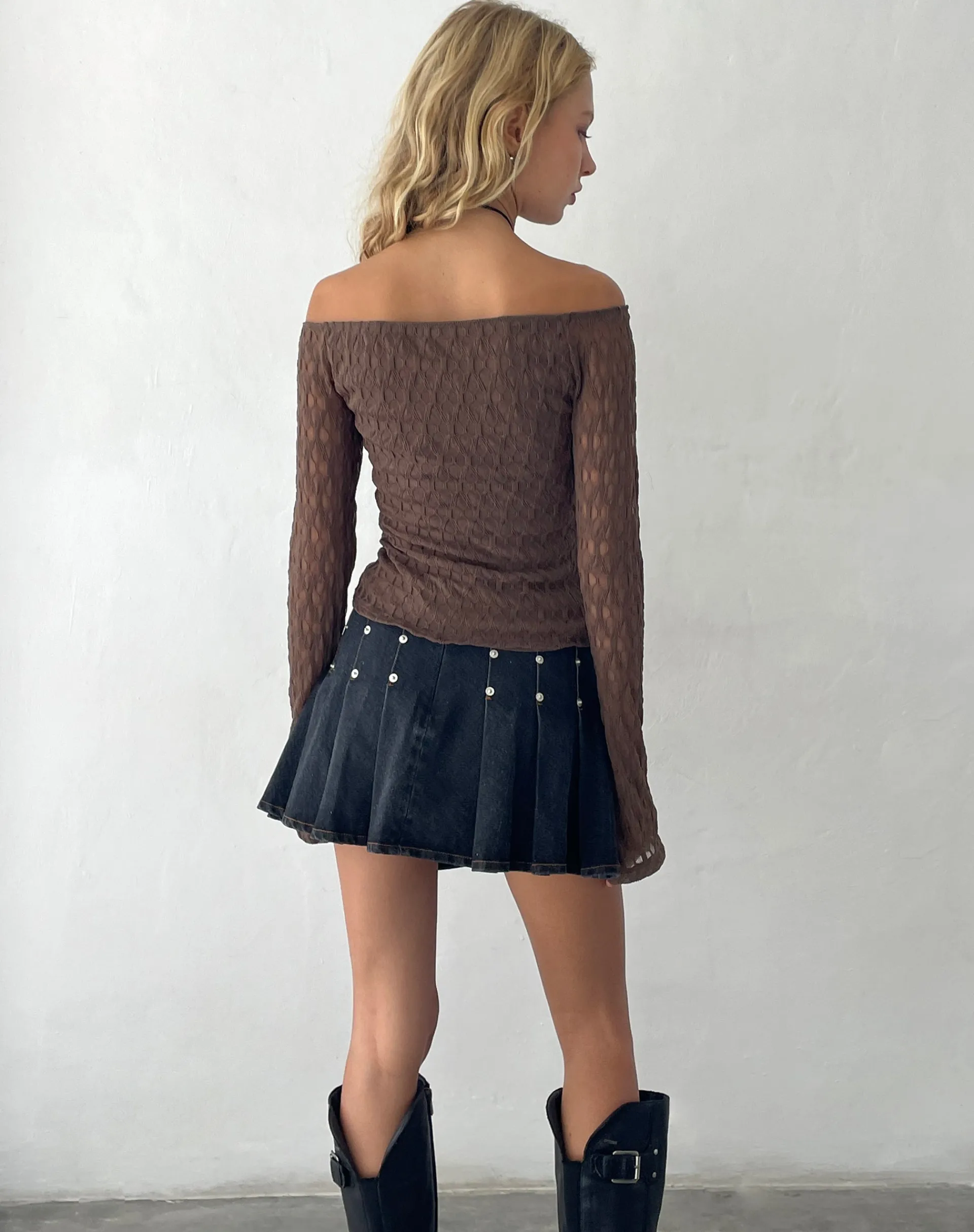 Motel Rocks Long Sleeve Tops-Neira Long Sleeve Bardot Top in Textured Knit Mocha TexturedKnitMocha