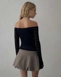 Motel Rocks Long Sleeve Tops-Neira Long Sleeve Bardot Top in Textured Knit Black TexturedKnitBlack