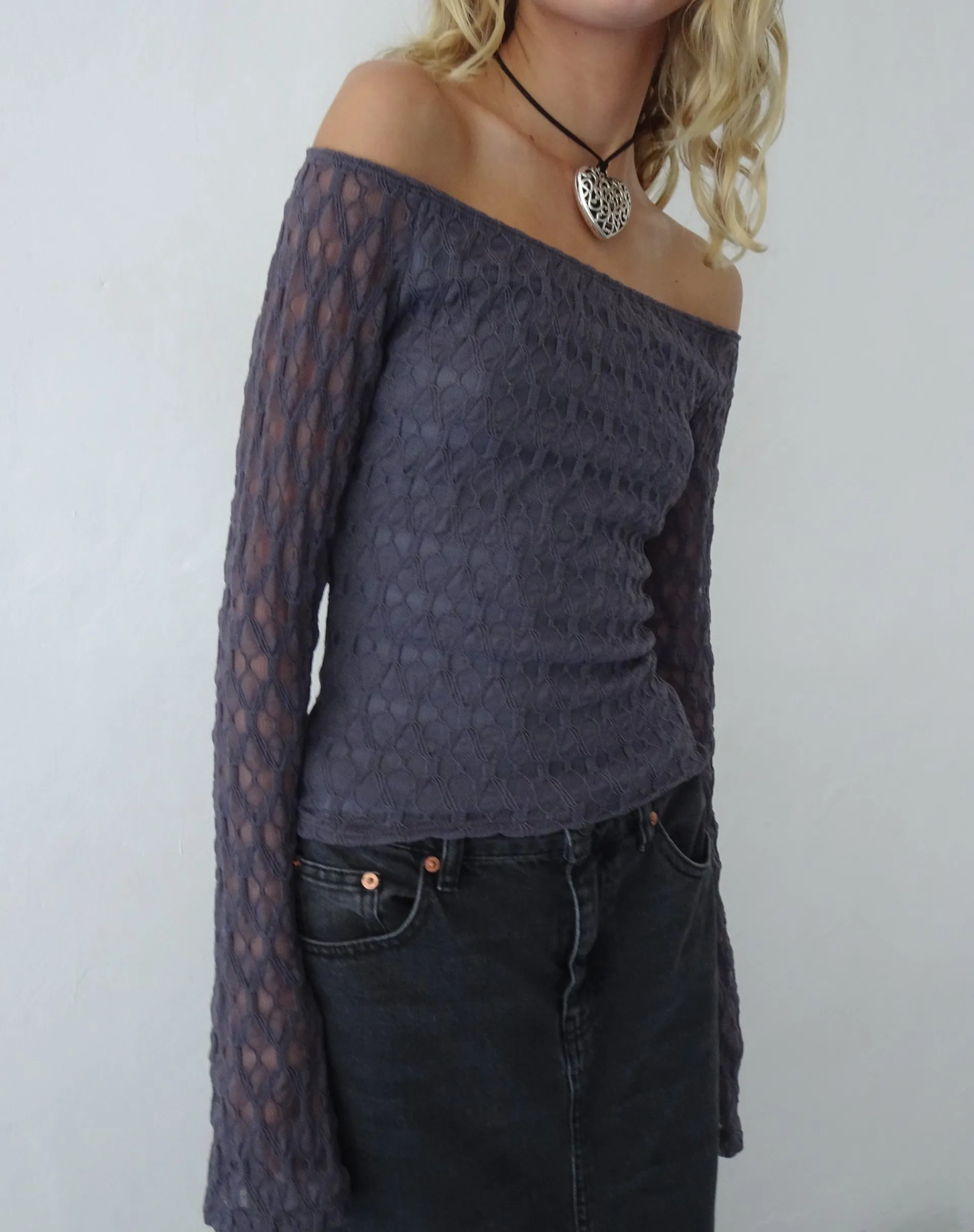 Motel Rocks Bandeau Tops | Long Sleeve Tops-Neira Long Sleeve Bardot Top in Textured Knit Ocean Storm TexturedKnitOceanStorm
