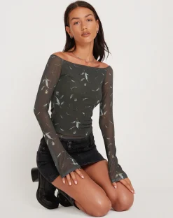 Motel Rocks Printed Tops-Neira Long Sleeve Mesh Bardot Top in Floral Khaki Silhouette FloralKhakiSilhouette